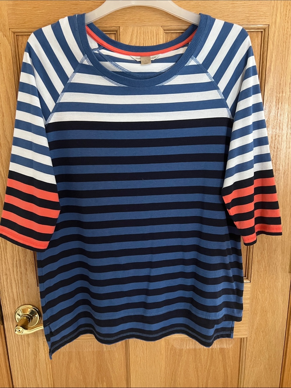 Christopher & Banks Blue, Navy & Coral Striped 3/4 Length Sleeve Tee - XL
